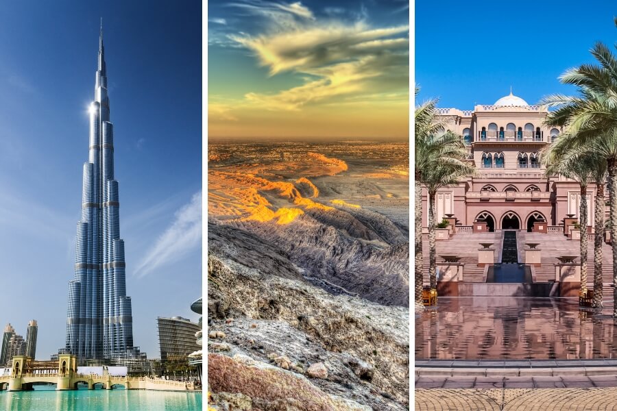Collage of images Dubai, Al Ain And Abu Dhabi landmarks